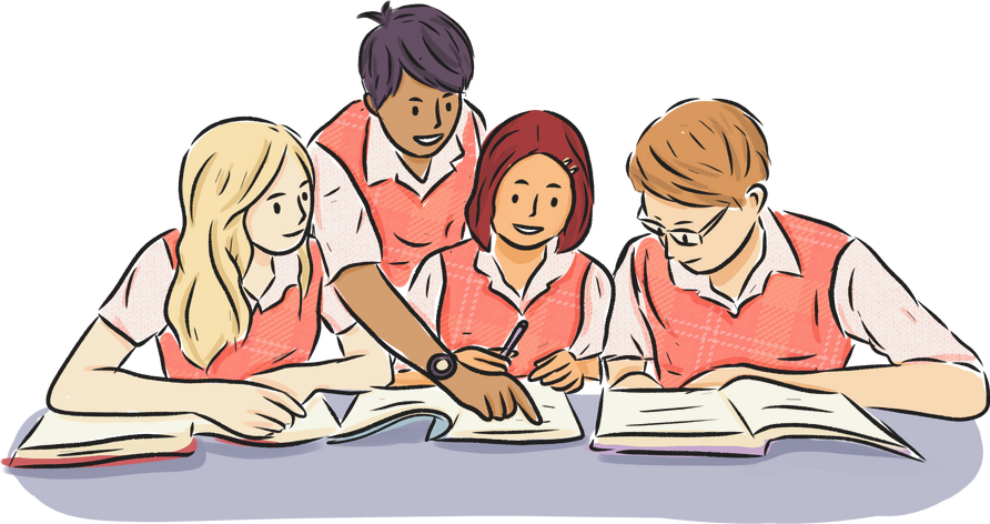Loose Scribbly Patterned School Teen Students Half Body Studying in Uniform